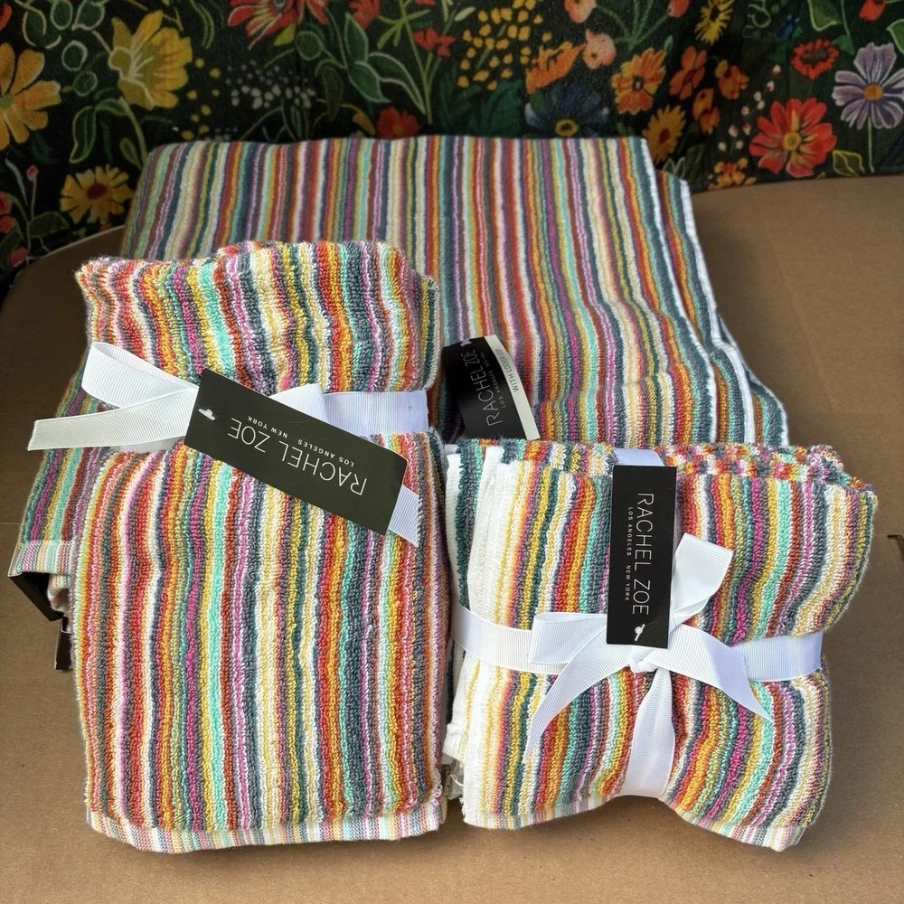 Rachel Zoe 9 piece Striped Rainbow Towel Set 2 Bath, 2 Hand, 5 Washcloth NEW